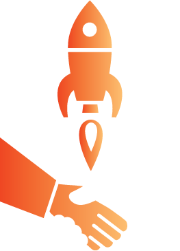 An icon of a rocket launching from the result of a startup business deal and two people shaking hands