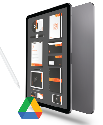 A mockup of an iPad with a google drive access to brand elements