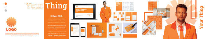 An orange stylescape or moodboard of brand identity concept.