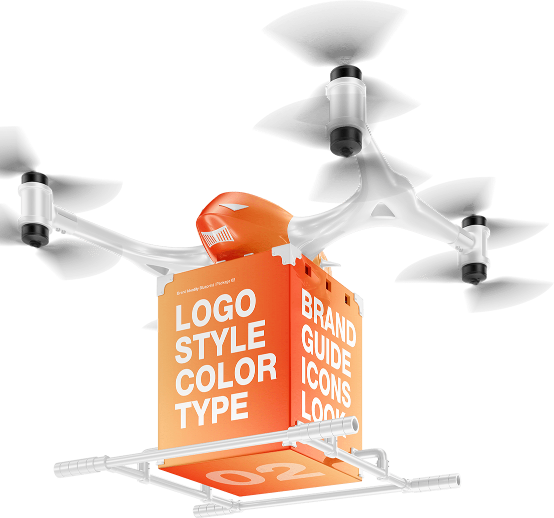 A mockup of a delivery drone that delivers the "Brand Identity Blueprint" Package by Gohan Strategy carrying a box full of logos, colors, typography, design elements, and guidelines.