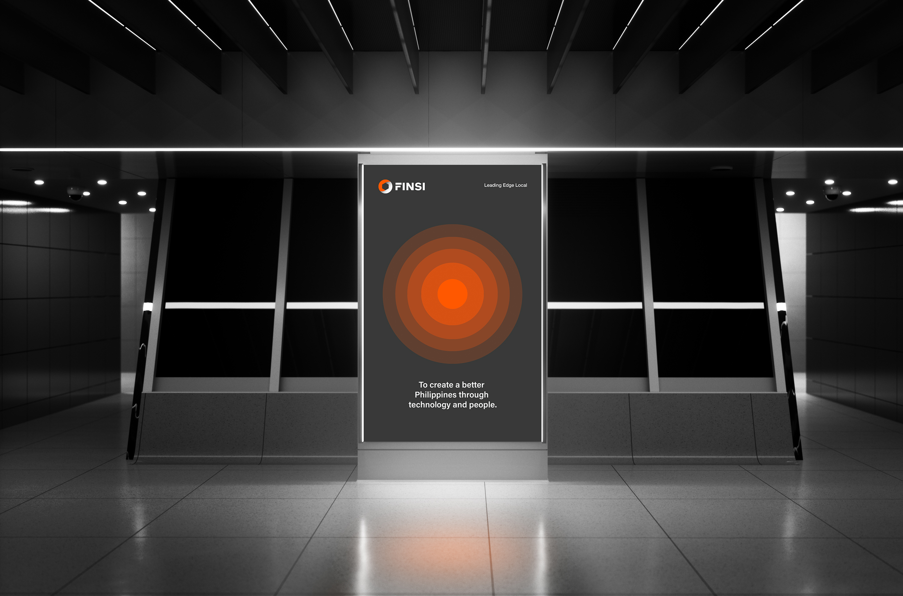 A abstract mockup of an underground train station with a FINSI advertising poster designed by Gohan Strategy