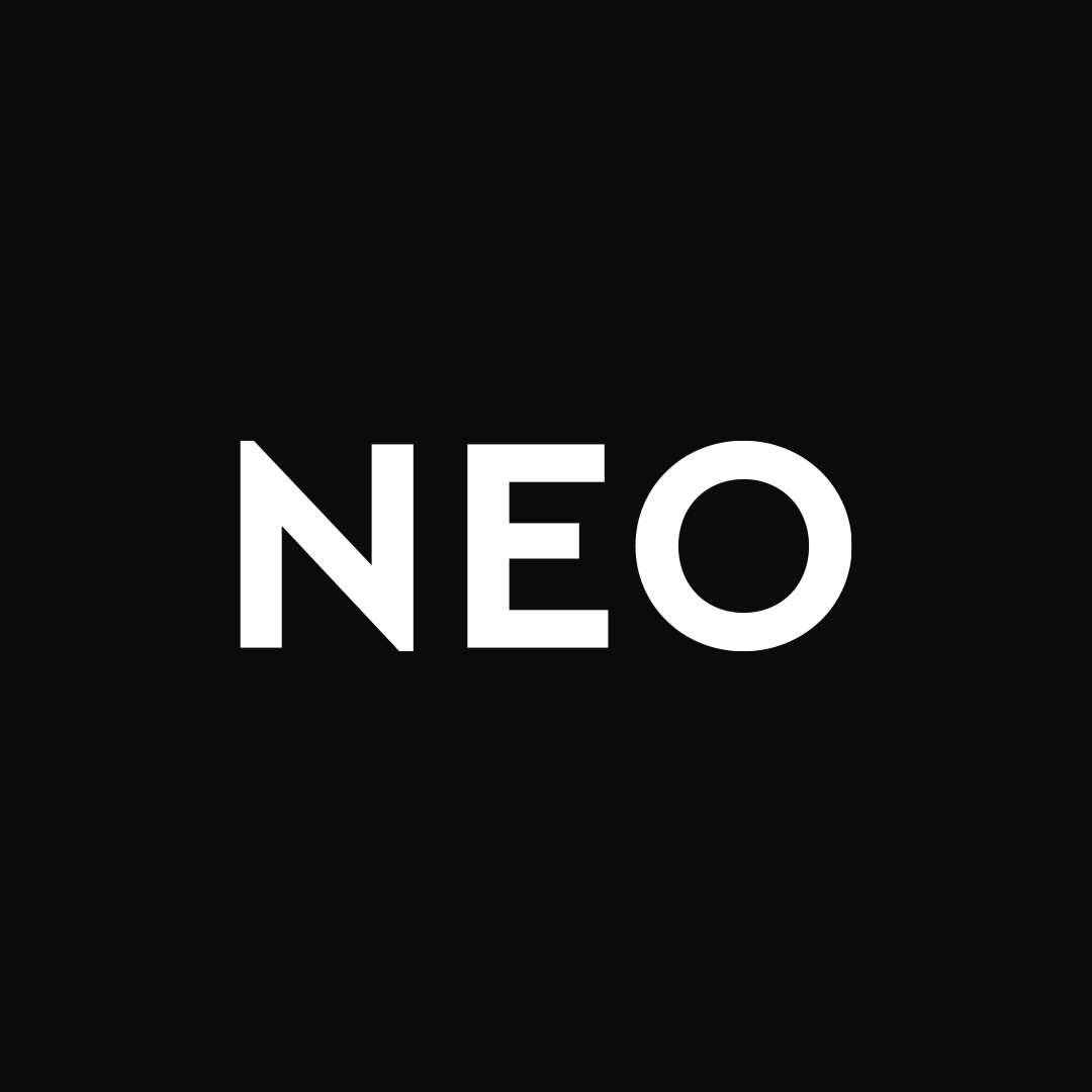 A white NEO logo on a black background designed by Gohan Strategy 