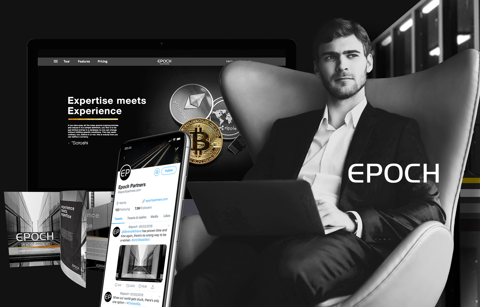 A brand identity overview of Epoch crypto currency branding and logo design designed by Gohan Strategy