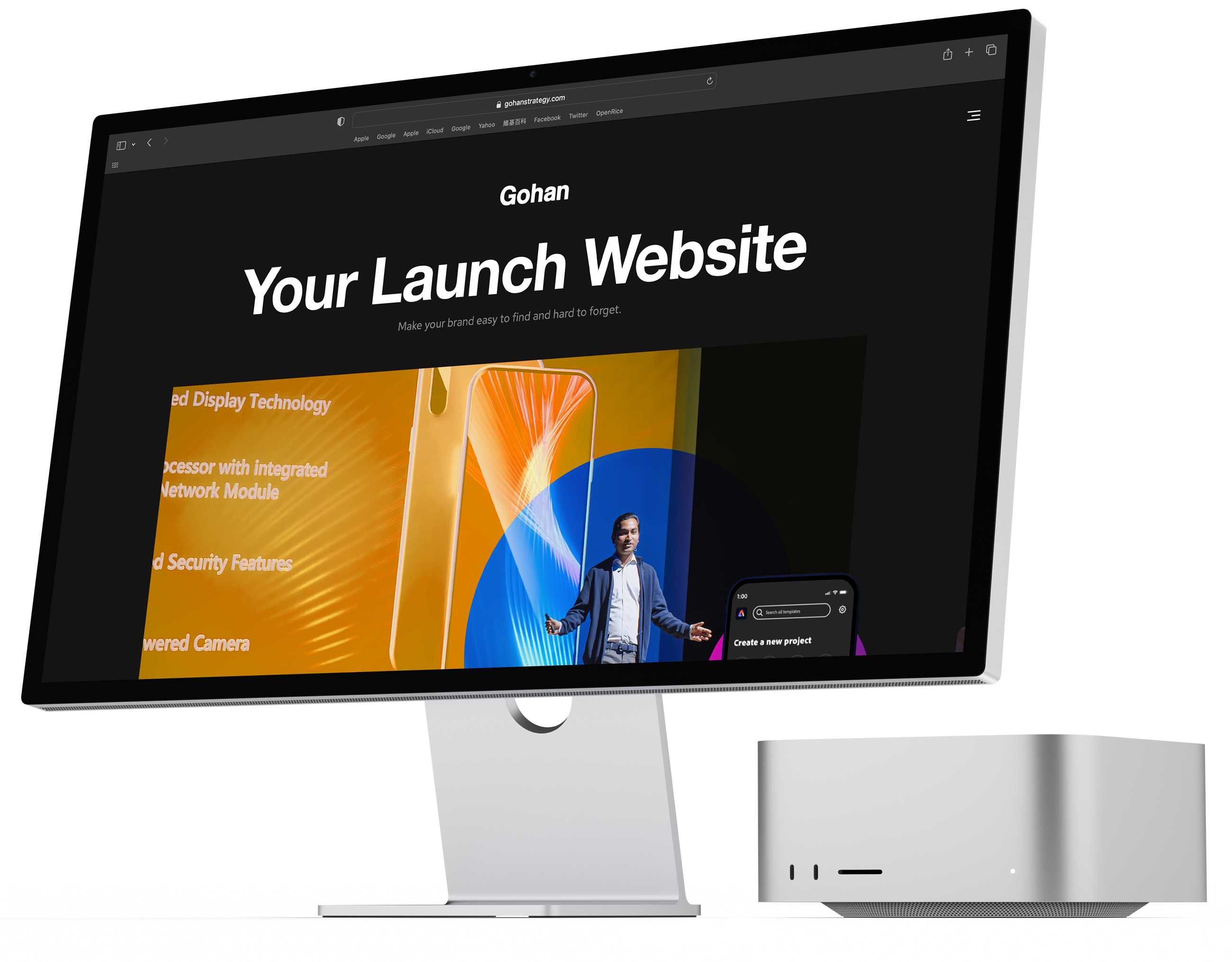 A mockup of a Launch website by Gohan Strategy on Mac Mini 2022 and Pro Display XDR.